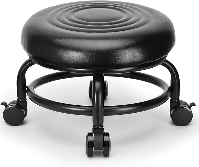Low Height Rolling Stool Low Roller Stool PU Leather Comfortable Chair, Modern Low Rolling Stool for Home Office Garage Shop