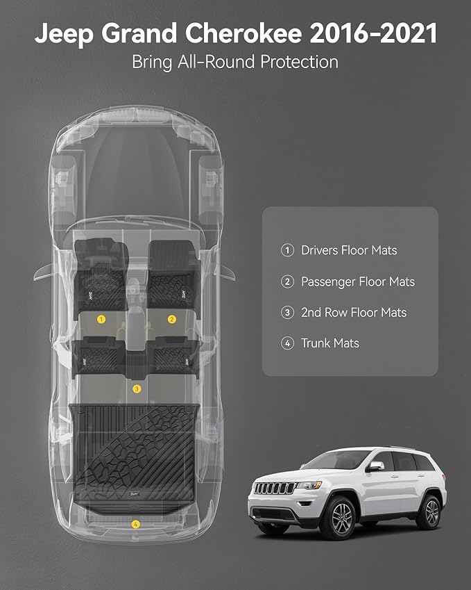 3W Floor Mats & Cargo Liner Fit for Jeep Grand Cherokee 2016-2021/ Grand Cherokee WK 2022 2023 (Non L), TPE All Weather Custom Fit 1st and 2nd Rows Car Mats and Trunk Liner, Black