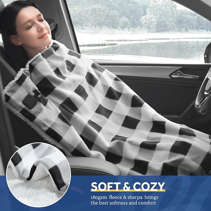 Sealy 12-Volt Heated Car Blanket, Portable Electric Blanket with 3 Heating Levels & 4 Hours Auto Off for Car, Truck, SUV, RV or Camping, Machine Washable, 59" X 43", Plaid