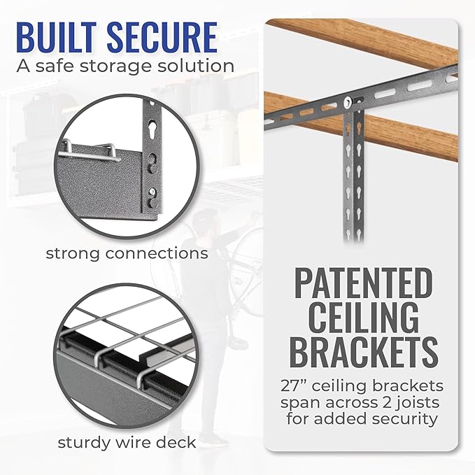 SafeRacks Overhead Storage Rack - Heavy Duty, 600 lb Capacity, Adjustable, Ceiling Mount for Garage 4x8 Hammertone (12"-21")