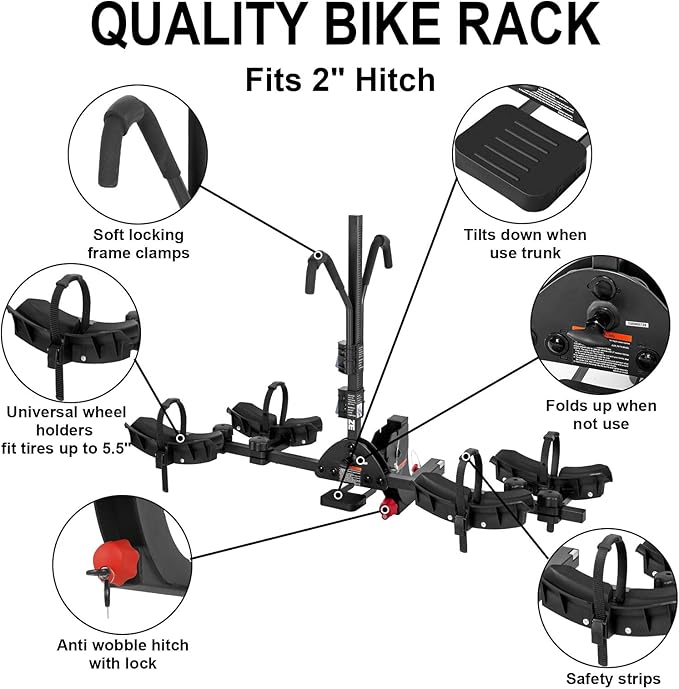 WEIZE 2 E Bike Rack Hitch Mounted, Wobble Free Smart Tilting Folding 2 Bicycle Electric Bike Racks with Lock, 2" Hitch Fits Up to 160 lbs Capacity with Up to 5.5" Fat Tires for Car, SUV, Trucks