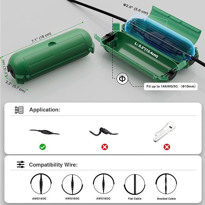 Flemoon [6 Pack] Outdoor Extension Cord Safety Cover with Waterproof Seal, Weatherproof Electrical Connection Box to Protect Outdoor Outlet, Plug, Socket, Christmas Holiday Decoration Light, Green