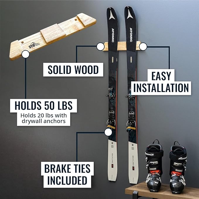 StoreYourBoard Minimalist Wood Ski Rack – Vertical Ski Storage Holder for Home & Garage, Solid Wood Ski Wall Mount Display Rack, Holds 50 lbs