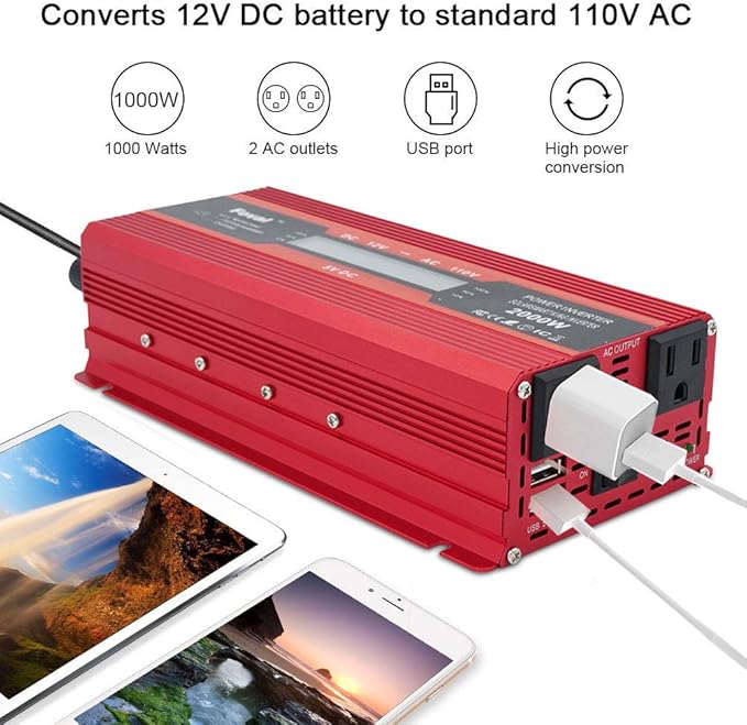 Power Inverter 1000W/2000W (Peak) Dual AC Outlets and Dual USB Charging Ports DC 12V to 110V AC Car Converter with Digital Display