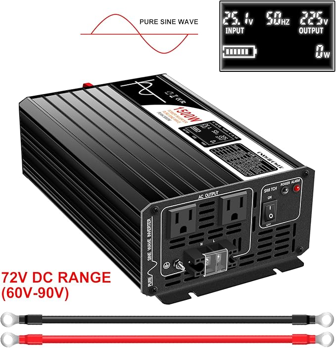 Xijia 1500W (Peak Power 3000W) Pure Sine Wave Inverter DC 72V to AC 120V 60HZ Solar Converter for Home Use car (DC72V (Range 60V-90V) 1500W)