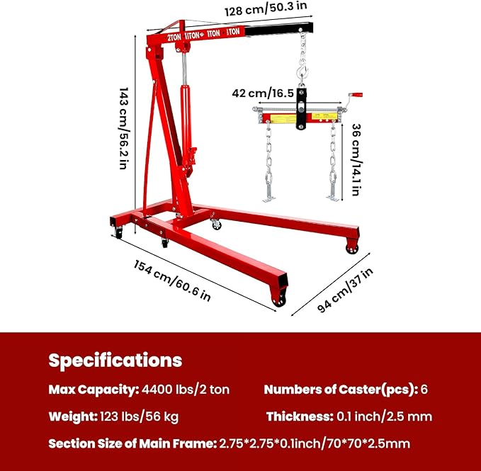 4400 Lbs Folding Engine Hoist Cherry Picker, 2 Ton Engine Hoist with Lever, with 6 Casters, 8 Ton Hydraulic Pump 4 Adjustable Position, Engine Crane for Garage, Workshop, Repair(Red)