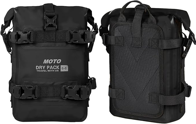 Motorcycle Tail Bag Front Bumper Bag, 8L Roll-top Waterproof Motor Saddle Panniers Luggage Bags for Motorcy-Black