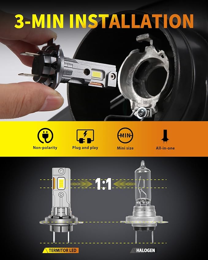 Upgraded H7 H7LL Light Bulbs, 60,000LM Insane Brightness, Real 1:1 Halogen Mini Size H7 Fog Lights, 6500K White with Ultra-Bright LED Chips, Plug and Play, Pack of 2