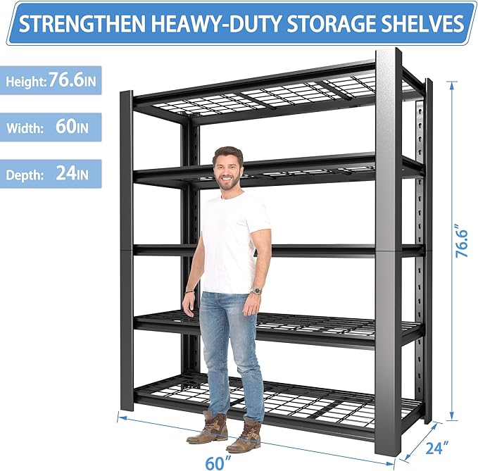 5-Tier Heavy Duty Garage Shelving Unit with Wire Shelves,3000 LBS Capacity Metal Storage Rack 76"H x 60"W x 24"D,Adjustable Boltless Steel Shelves for Garage,Basement,Pantry,Warehouse.3 Pack