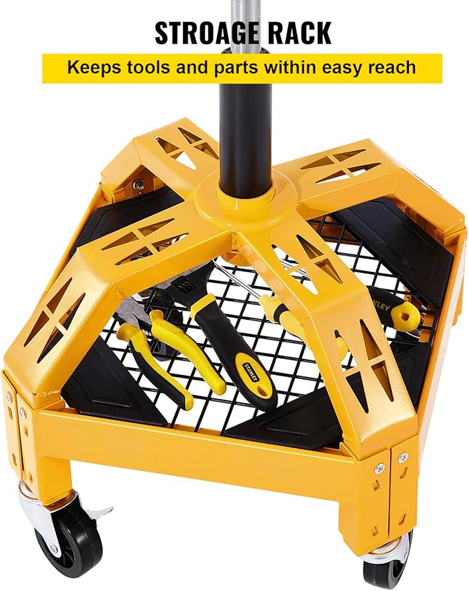VEVOR Rolling Garage Stool, 300LBS Capacity, Adjustable Height from 24 in to 28.7 in, Mechanic Seat with 360-degree Swivel Wheels and Tool Tray, for Workshop, Auto Repair Shop, Yellow