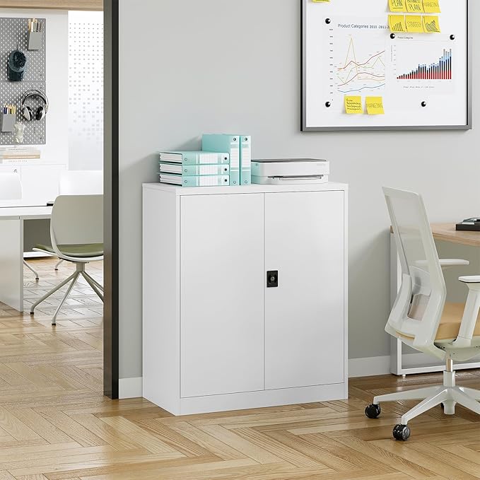 Metal Storage Cabinet, Lockable Storage Cabinet with 2 Doors and Shelves, Metal Cabinet with Lock, Small Lockable Metal Cabinet for Home Office(White)