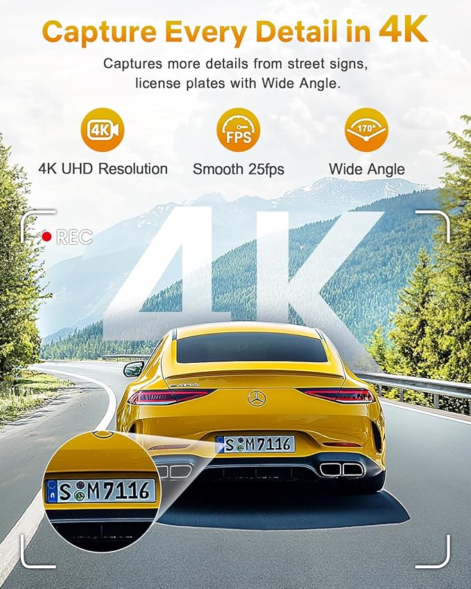 GKU 4K Dash Cam,Dash Cam Front with UHD 2160P, DashCam Built-in WiFi, 24H Parking Monitor,Night Vision,WDR,170° Wide Angle,Loop Recording,G-Sensor,DashCam Includes 64GB Card (Black)