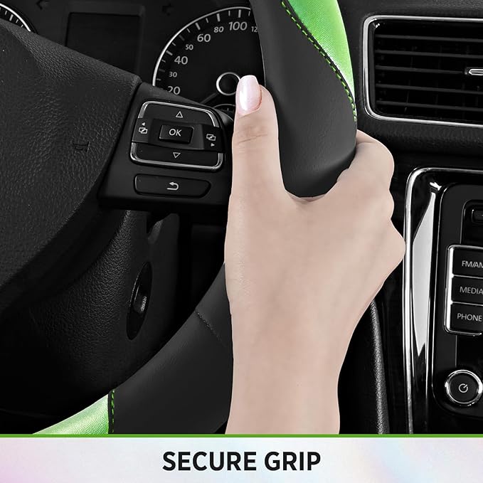 Road Comforts Steering Wheel Cover – Breathable Leather Steering Wheel Cover, Anti-Slip Grip, Universal Fit 14.5” to 15”, Heat & Cold Resistant for Cars, SUVs, and Trucks – Black & Green