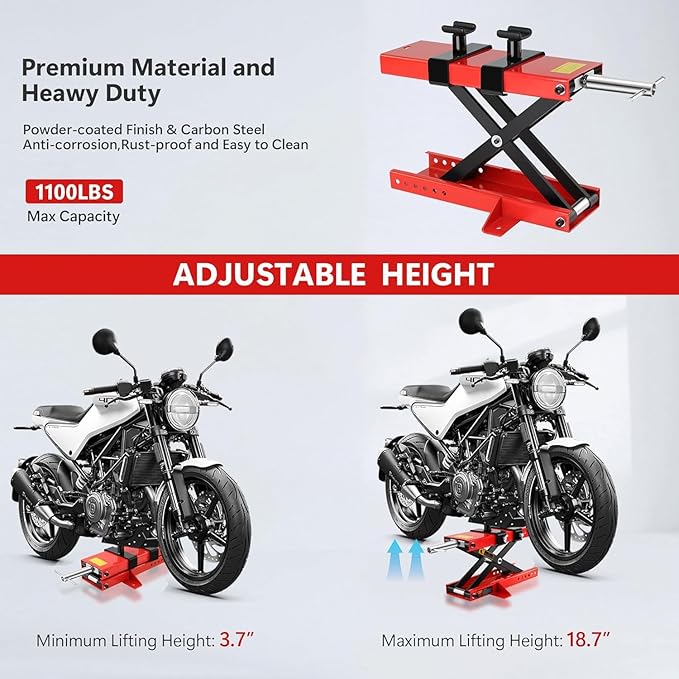 Heavy Duty 1100LBS Motorcycle Scissor Lift Jack with Dolly Wheels, Hand Crank & Non-Slip Platform - Adjustable Bike Lift Stand for Cruiser, Dirt Bike, ATV - Foldable,Garage Repair Equipment