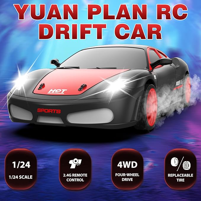 RC Drift Cars, 2.4Ghz 1:24 Remote Control Car 4WD High Speed Drifting RC Car with LED Light, Drift Tires and Two Batteries Racing Toy Cars for Kids Boys Girls Adults(Black)