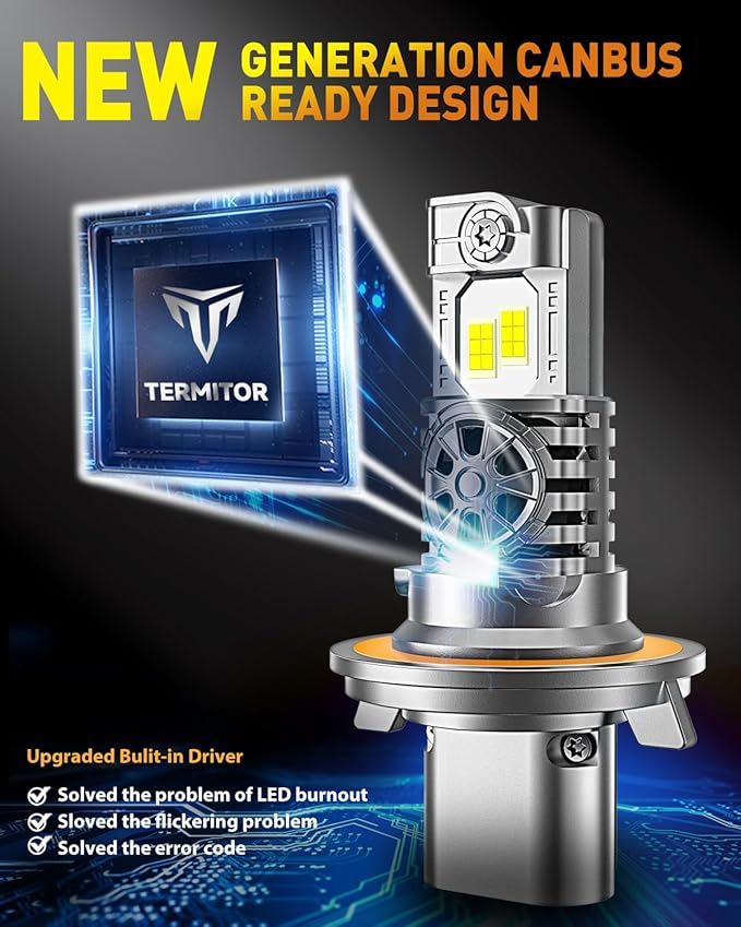 Latest H13/9008 Light Bulbs Hi/Low Beam, 60000LM 1000% Super Brighter, 70000+ Hrs Long Service Life, 6500K Cool White, Real 1:1 Halogen Mini Size, Plug N Play, Pack of 2