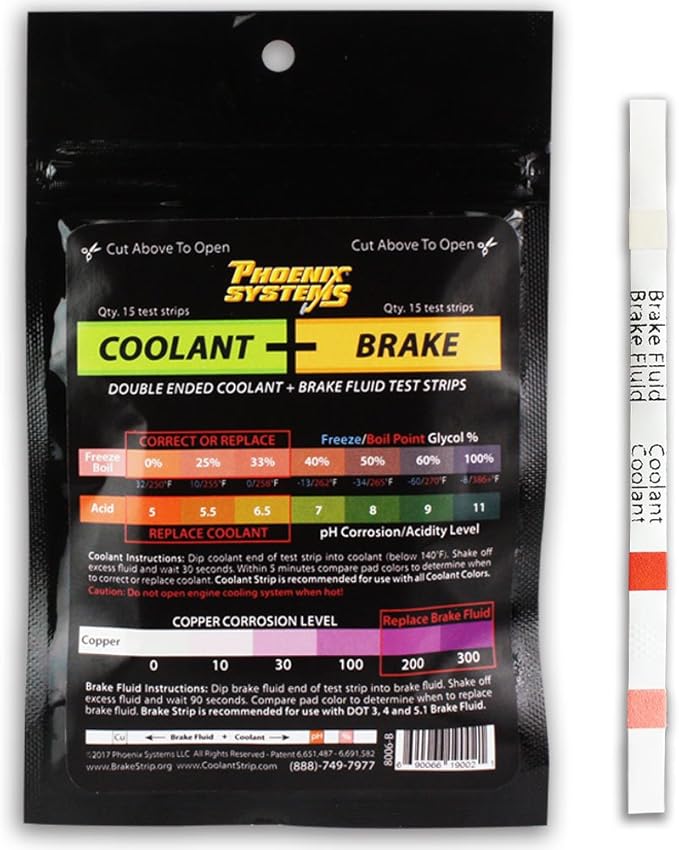 Phoenix Systems 8006-B Double-Ended Brake Fluid + Coolant Test Strips (15 foil wrapped test strips), 1 Pack