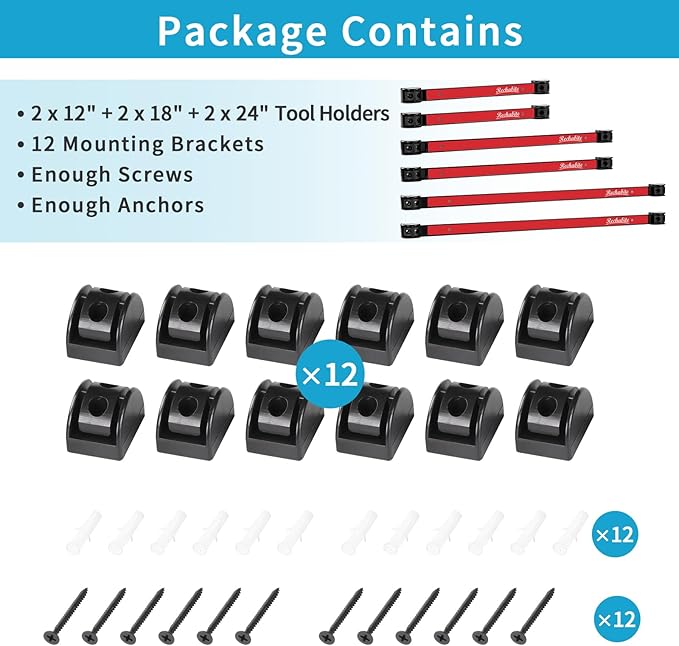 12" 18" 24" Magnetic Tool Holder Strip, Red Magnet Bar, Metal Tool Organizer Rack for Garage Organization, Easy To Install in Workshop, Mounting Screws Included