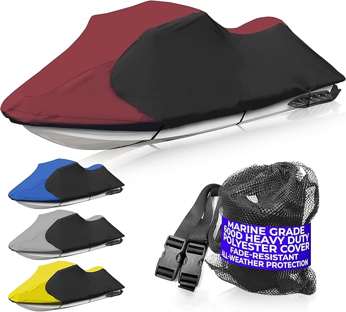 Trailerable Jet Ski Cover, Waterproof Marine Grade 600D Heavy Duty Polyester PWC Cover Burgundy/Black Fits from 96"-102" 1 Seater