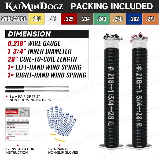 Pair of 1.75" Garage Door Torsion Springs Set with Non-Slip Winding Bars&Gloves, High Precision Electrophoresis Oil-Free Black Coated for Replacement, MIN 16,000 Cycles (0.218 x 1.75"x 28")