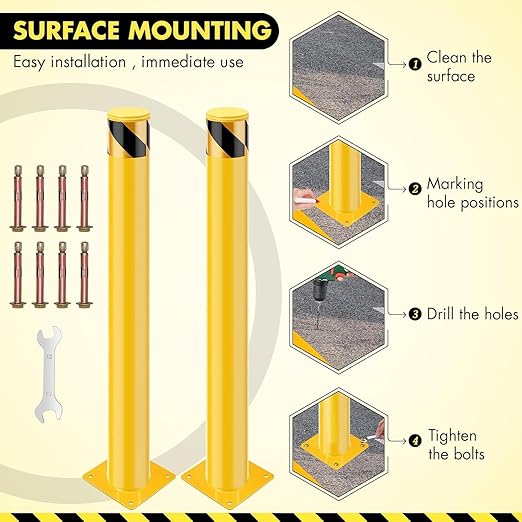 4 Pack Safety Bollard Post, 42 Inch Height 4.5 Inch Diameter Yellow Pipe Safety Steel Bollards with Anchor Bolts and Wrench, Steel Bollards for Road Warning Construction Public Place Traffic Control