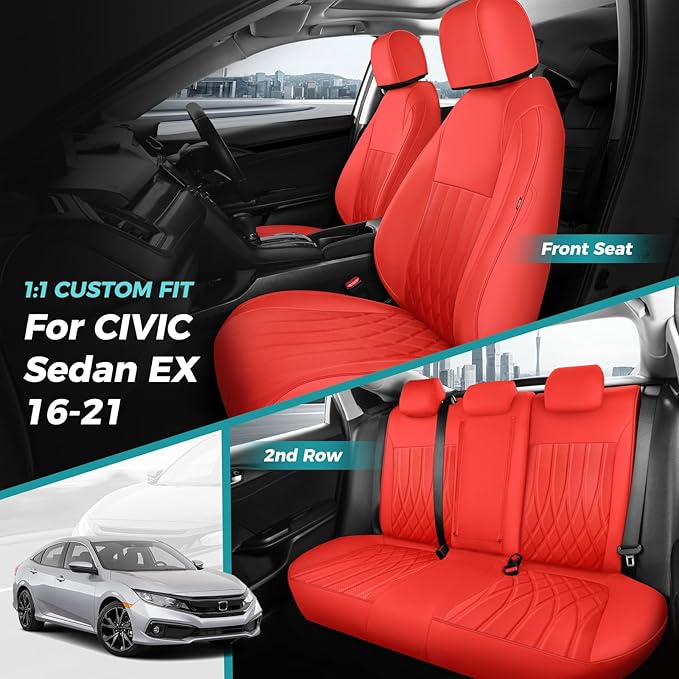 Seat Covers for Honda Civic Sedan EX-L, EX-T, EX, Touring, LX-P, Sport 2016 2017 2018 2019 2020 2021, Faux Leather Car Seats Cover Full Set(Rear Row 40/60 Split & Folding Backrest)-RED