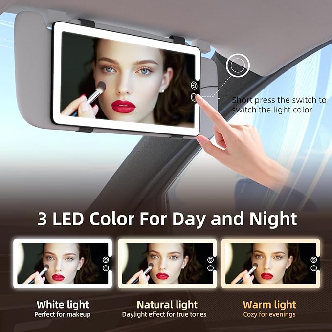 Solar Car Sun Visor Vanity Mirror, Sun Visor Makeup Mirror for Car,Dimmable with 3 Light Modes