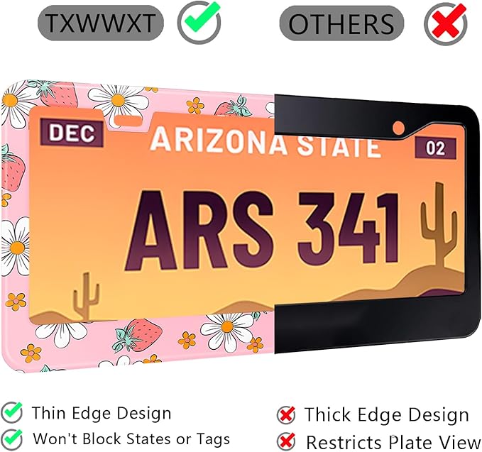 Pink Strawberry Floral License Plate Frame Stainless Steel License Plate Frames Holder Covers Rust-Proof Auto Parts Decoration with Screws License Plate Holder for Car Accessories 12x6 Inch