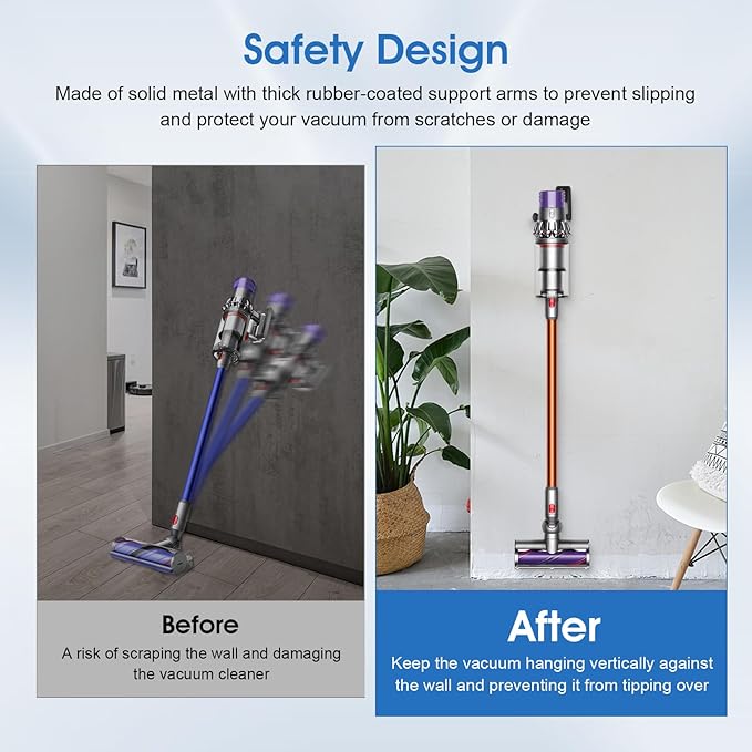 Upgraded 2 Pack Easy Access Cordless Vacuum Wall Mount Hanging Holder fits for Dyson V-Series & Outsize Stick Vacuums – Heavy Duty Metal Wall Rack with Rubber Coating, Garage Shed Storage Brackets