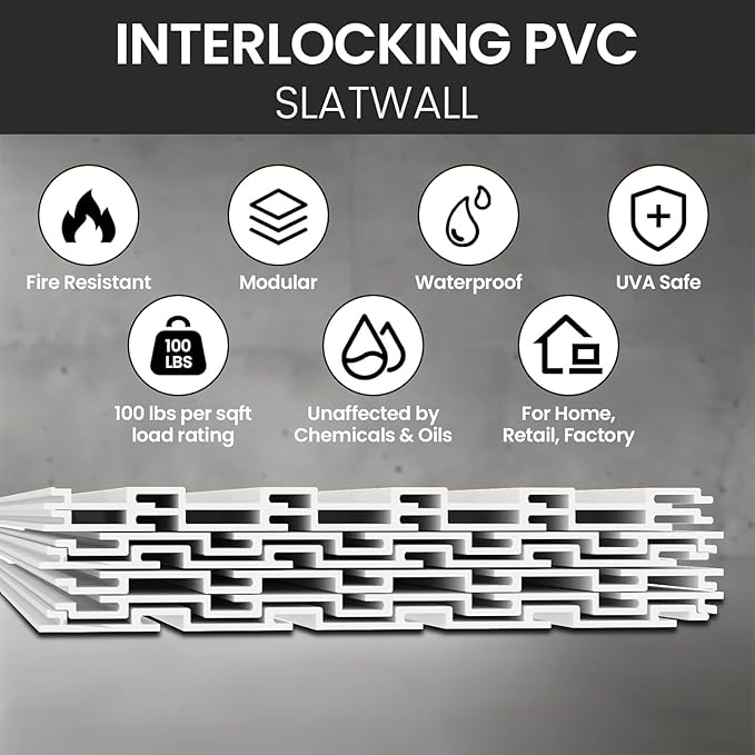 Slatwall Panel Wall Storage Systems, 4x8 ft Slat Wall Paneling Garage Wall Organizer with Five Hooks, Heavy Duty Wall Mounted PVC Wall Rack, White