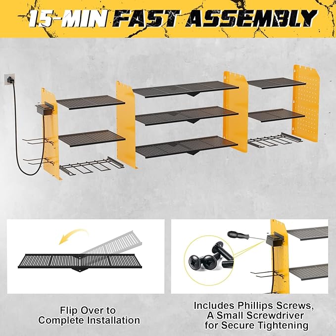 Power Tool Organizer Wall Mount with Charging Station, 45.5" Garage Organization Wall Mounted, 3 Layers Electric Cordless Drill Holder with Outlet Power Strips, Garage Tool Storage for Impact Wrenches