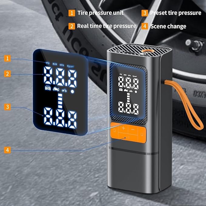 Tire Inflator, 150PSI Portable Air Compressor with Digital Gauge, Fast Cordless Inflation, Auto Shut-Off, Rechargeable Pump for Car, Motorcycle, Bike, and Sports Balls