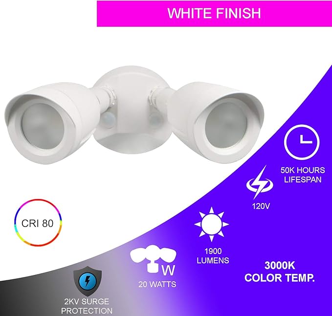 Ciata Flood Lights Outdoor, 20-Watt LED Bullet Head Security Flood Lights, Dual Head, RoHS and FCC Complaint, IP65 Rated, 1900 Lumens, 2KV Surge Protection, Die-Cast Aluminum in White Finish – 3000K