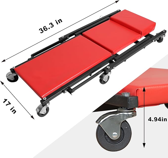 TCE 36" Rolling Foldable Automotive Creeper, 2-in-1 Garage Shop Creeper, Car Creeper,for Auto Repair, 300 Lbs Capacity, Red, TAM6505RU Torin