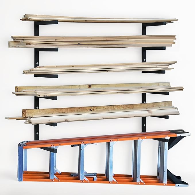 Wood Storage Racks with 3 Level, Garage Organizer Lumber Storage Rack Wall Mounted, Workshop Organizers Wood Wall Shelving, Lumber Metal Racks for Garage, Basement, Indoor and Outdoor (Black-4 Pack)
