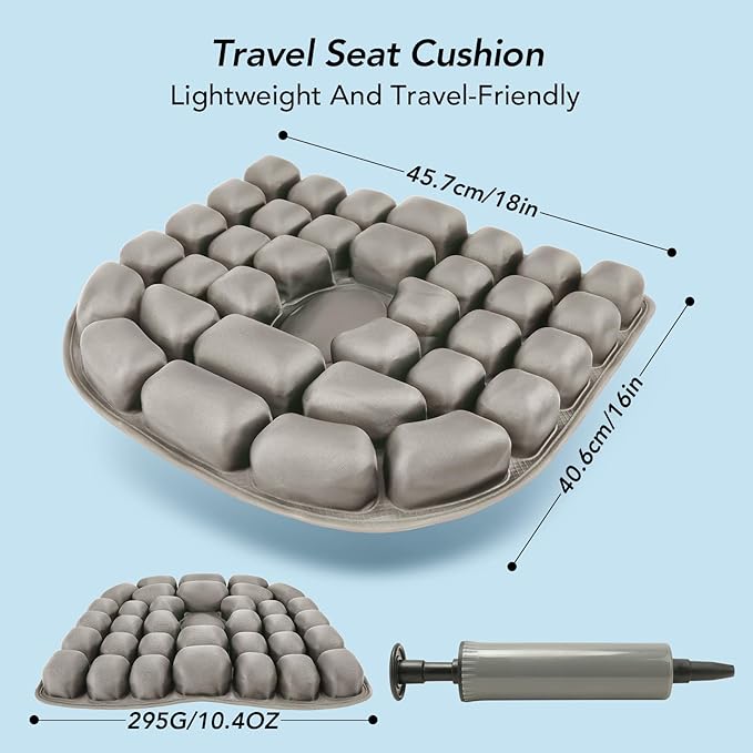 Travel Seat Cushion, 3D Air Inflatable Pressure Relief Cushion for Hemorrhoid and Tailbone Pain Relief, Optimal Support for Long Sitting in Car, Air Travel, Office Chairs, Home Living (Grey)