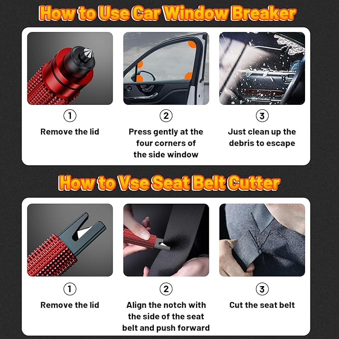 Safehammer - Upgraded Safe Hammer Glass Breaker Under Water, Car Hammer Seatbelt Cutter Window Breaker Emergency Escape Tool, Safehammer Glass Breaker for New Cars (3PCS Red & Black & Silver)