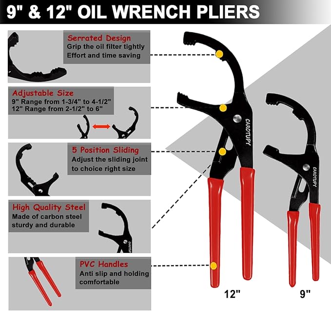 9pcs Oil Filter Wrench Set, 9" and 12" Oil Filter Pliers with Oil Snap Funnel for Automotive Oil Change, Adjustable Oil Filter Removal Tool From 1-3/4" to 6"