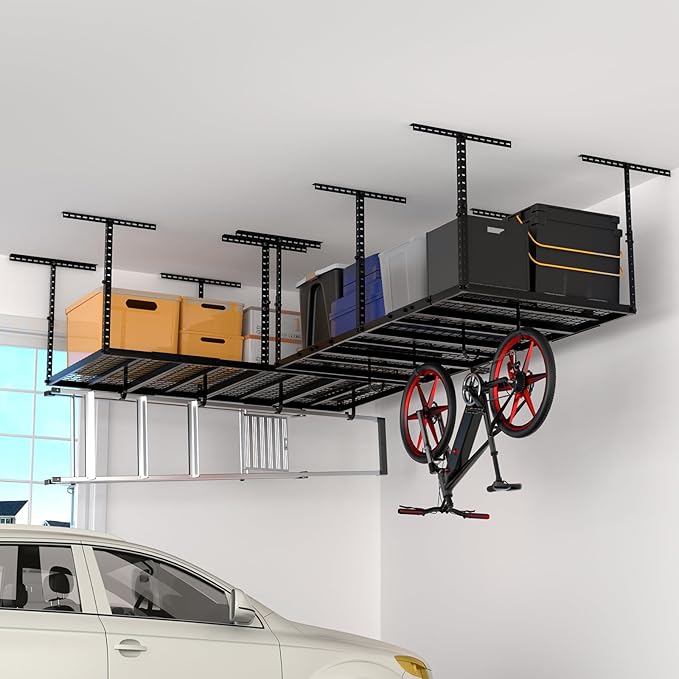 4x8 Overhead Garage Storage Rack with 4 Extra Hooks – Adjustable Heavy-Duty Ceiling Storage System (22"-40"), Holds 600 lbs, 22 lbs per Hook, Steel Hanging Organizer for Tools, Bins & Bikes | Black