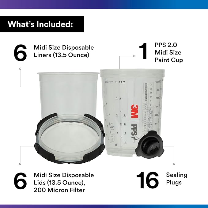 3M PPS 2.0 Paint Spray Gun System Starter Kit 26170,13.5 Ounces,200-micron Filter,Use for Cars,Furniture,Home & more,1 Cup,6 Disposable Lids and Liners,16 Sealing Plugs