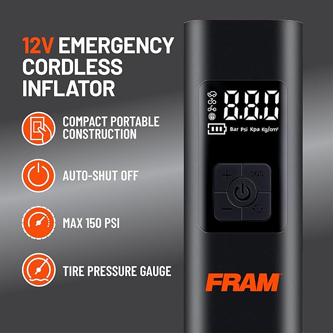 FRAM FEK40002 Portable Emergency Tire Inflator with 6000mAh Battery and 12V, 150PSI Air Pump for Car, Bike, Motor, Ball with Digital Tire Pressure Gauge with LED Light