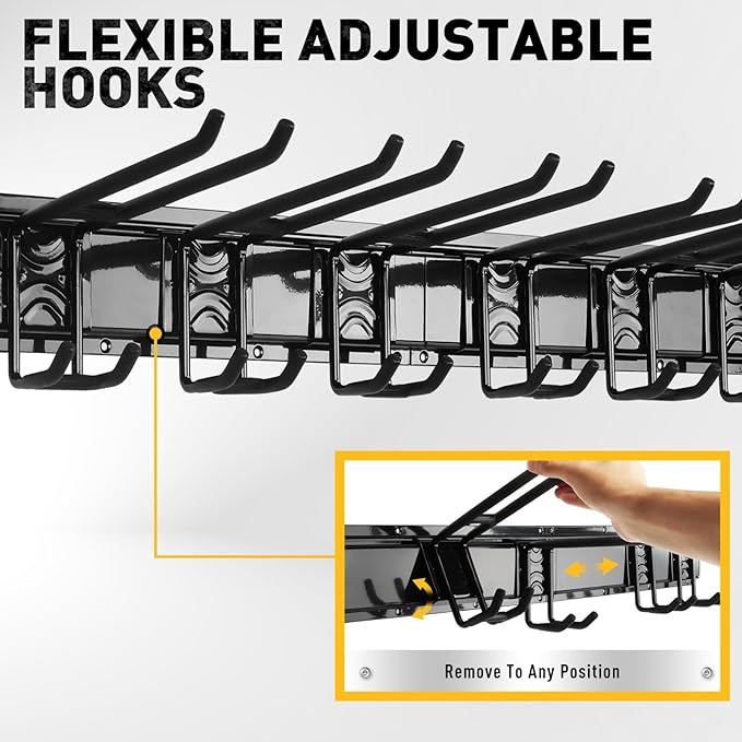 ELEAD 48 Inches Garage Storage, Garage Organization, Garden Tool Organizer Wall Mount, 9 Adjustable Heavy Duty Metal Hooks, Holds Up to 730 lbs, Yard Tool Organizer for Garden, Yard, and Shed