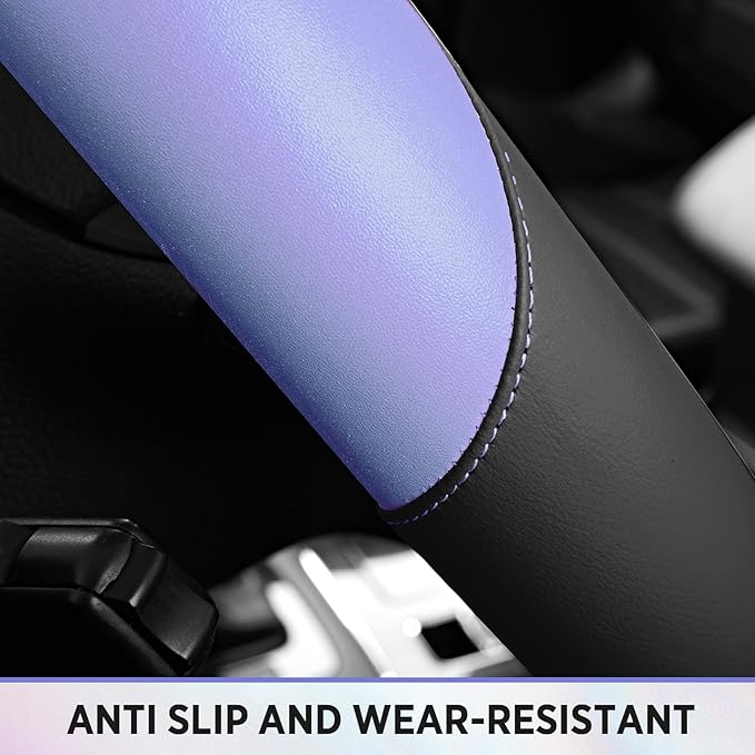 Road Comforts Steering Wheel Cover – Breathable Leather Steering Wheel Cover, Anti-Slip Grip, Universal Fit 14.5” to 15”, Heat & Cold Resistant for Cars, SUVs, and Trucks – Black & Purple