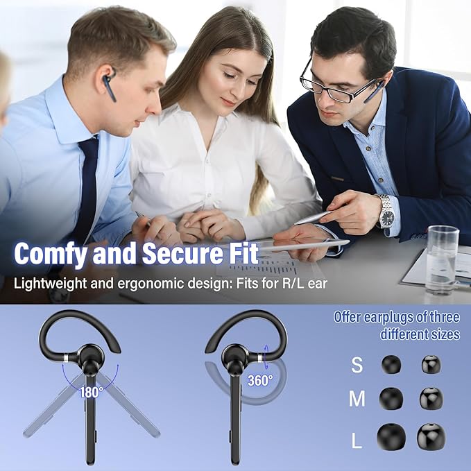 Bluetooth Headset, Wireless Bluetooth 5.3 Earpiece, 90Hrs Hands Free Headset with APTX HD Audio & Mute Button, Dual Noise Cancelling Mics, Single-Ear Headphone for Trucker/Business/Gym/Blue