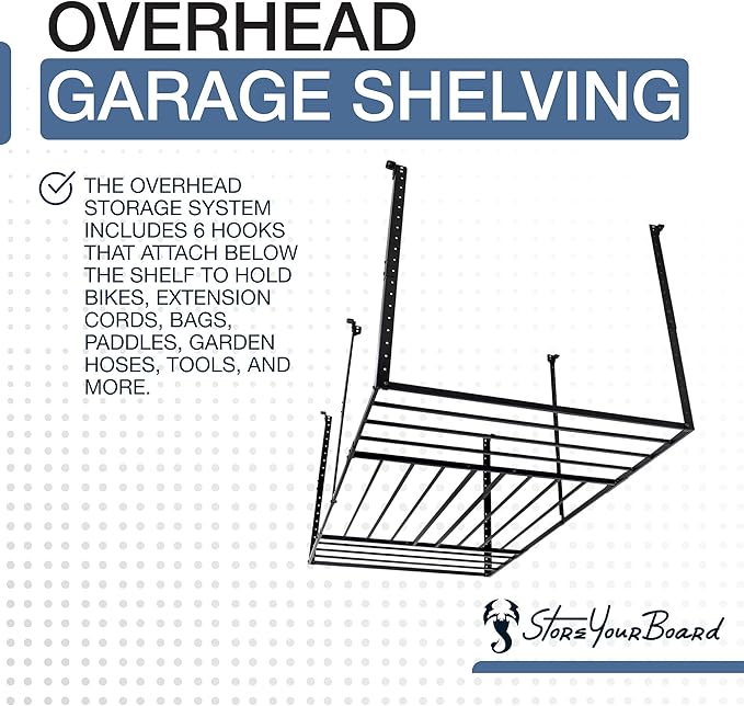 StoreYourBoard 4X8 Garage Storage Rack with Hooks, Ceiling Shelf Overhead Organization, Heavy Duty Steel Platform Holds 700 lbs, 96 in. x 48 in. x 40 in.