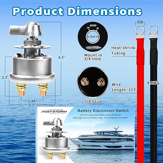 200A Battery Disconnect Switch 12V 48V Battery Shut Off Switch Master Power Isolator Marine On Off Kill Switch for Car, Boat, Vehicle, Truck, ATV, RV
