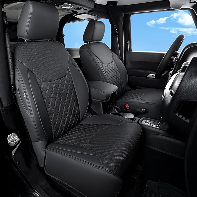 GIANT PANDA Customized Full Set Car Seat Covers for Jeep Wrangler 2 Door JK Sport Sahara Rubicon Freedom Willys Wheeler 2013 2014 2015 2016 2017, Faux Leather - (Black)