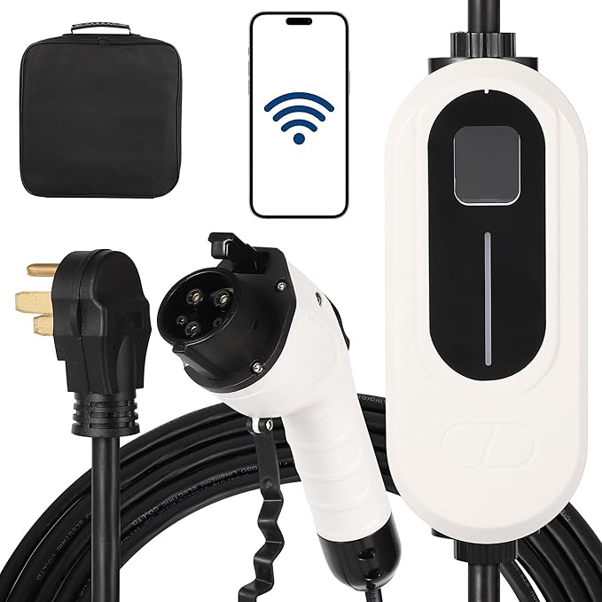 Level 2 EV Charger, 40A 240V Voltage, NEMA 14-50 Plug, 25ft Cable, Adjustable Current/Delay Timer, SAE J1772 Listed Portable Electric Car Charger for Indoor/Outdoor Use, WiFi Enabled