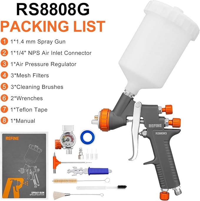 REFINE Air Spray Gun, Auto Paint Gun with 1.4mm Nozzle, Easy to Use Gravity Feed Paint Spray Gun, Professional Auto Body Paint Sprayer for Cars, House, Furniture Painting with Air Pressure Gauge