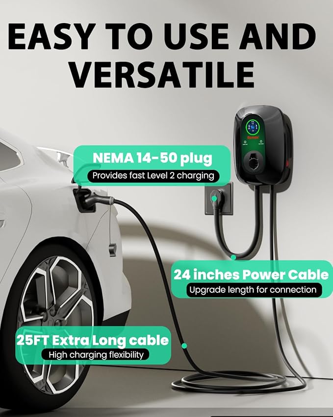 Level 2 EV Charger 40Amp, 240V Electric Vehicle Charging Stations, NEMA 14-50 EVSE J1772 Connector, Smart WiFi Control, 25' Cord Electric Car Charger for Home, ETL FCC